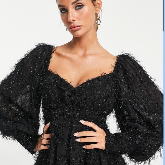 ASOS DESIGN fluffy mini dress with ruched bust and shirred cuffs in black - Picture 2 of 8
